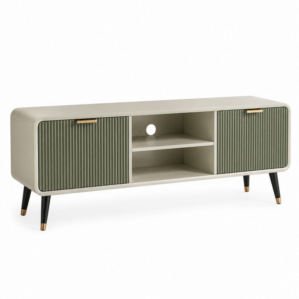 Mobile porta TV rettangolare crema e verde oliva in MDF e acciaio 160 x 40 x 55 cm