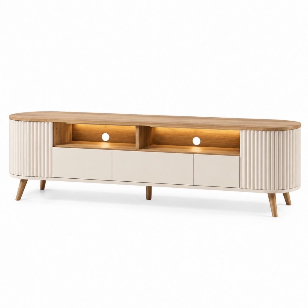 Mobile TV basso beige e rovere in MDF con ante scanalate 180 x 40 x 55 cm