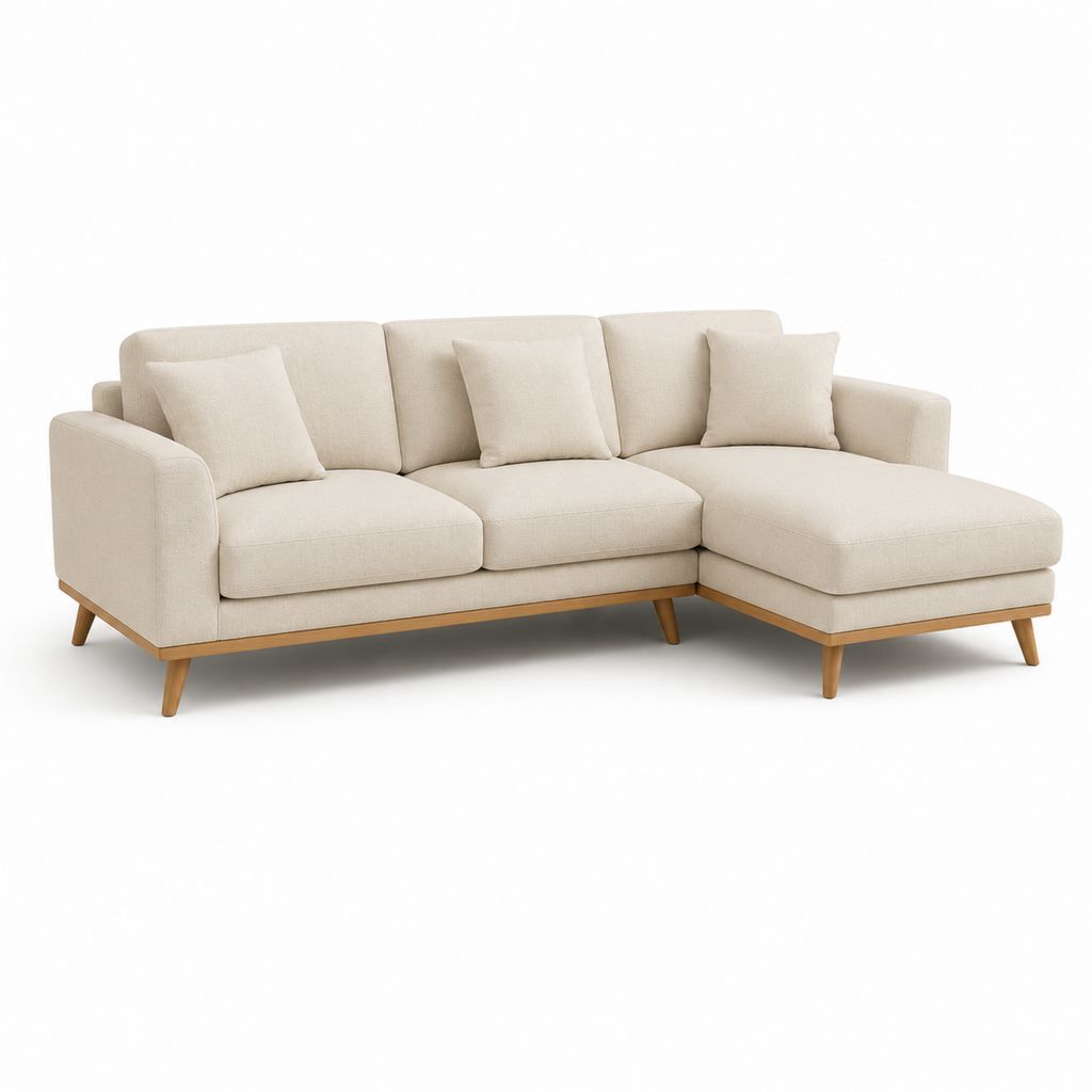 Divano angolare 3 posti con chaise longue destra beige in poliestere e legno massello 230 x 150 x 85 cm