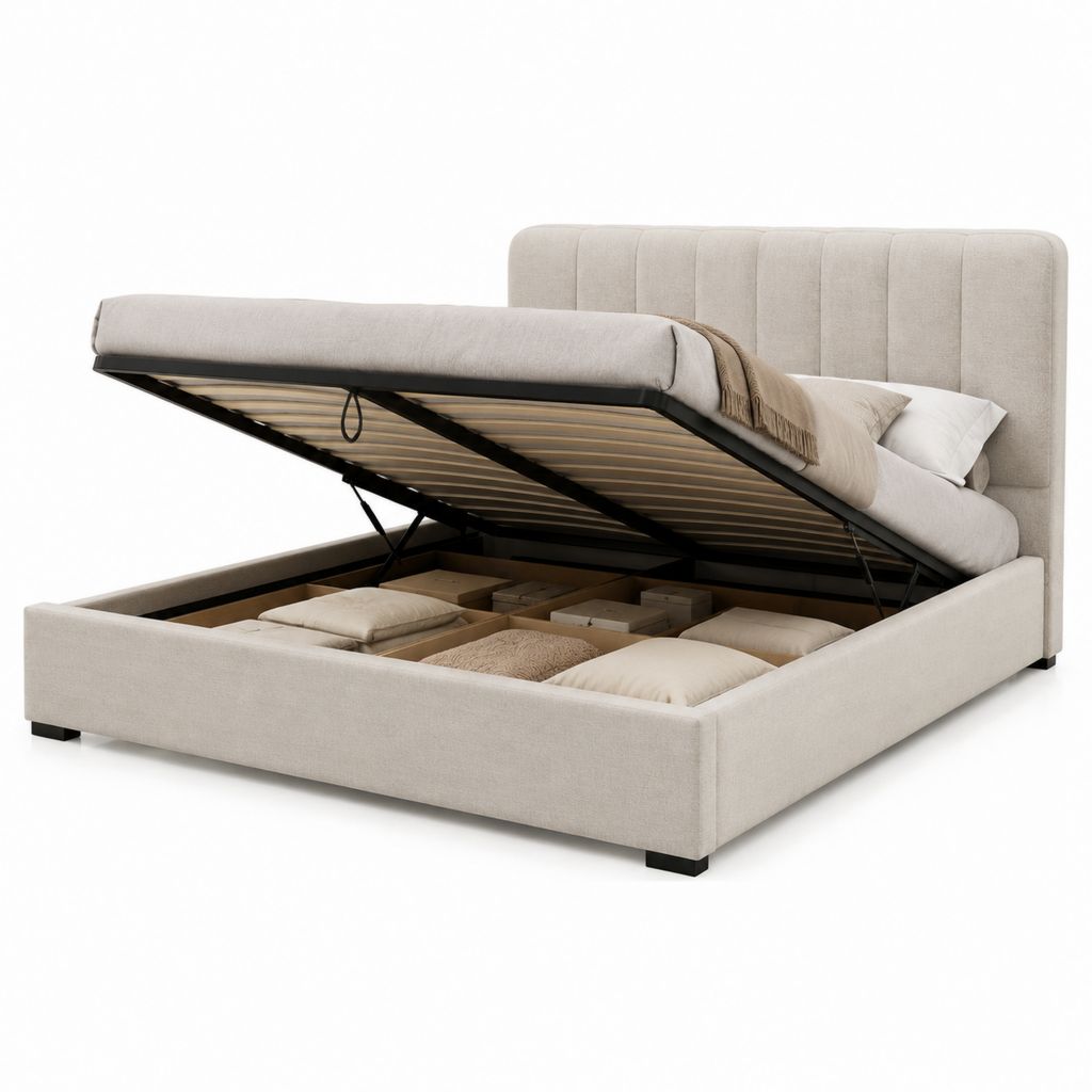 Letto contenitore matrimoniale beige in poliestere con rete sollevabile 160 x 200 cm