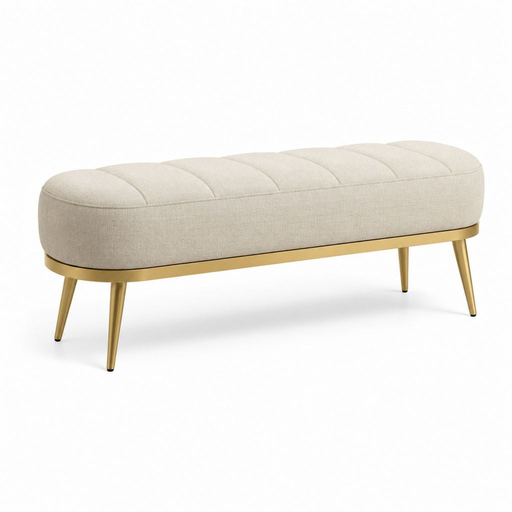 Panca fondoletto imbottita beige in poliestere con struttura in compensato e gambe in acciaio dorato 120 x 40 x 45 cm