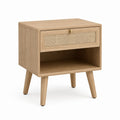 Comodino con cassetto e vano aperto rovere chiaro impiallacciato con rattan 45 x 40 x 60 cm