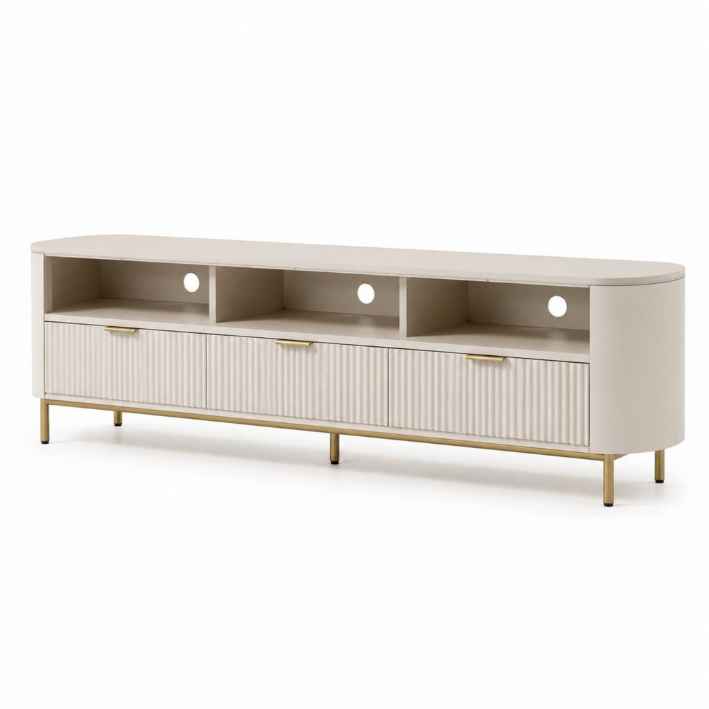Mobile TV basso crema in MDF con 3 cassetti e 3 vani aperti 180 x 40 x 58 cm