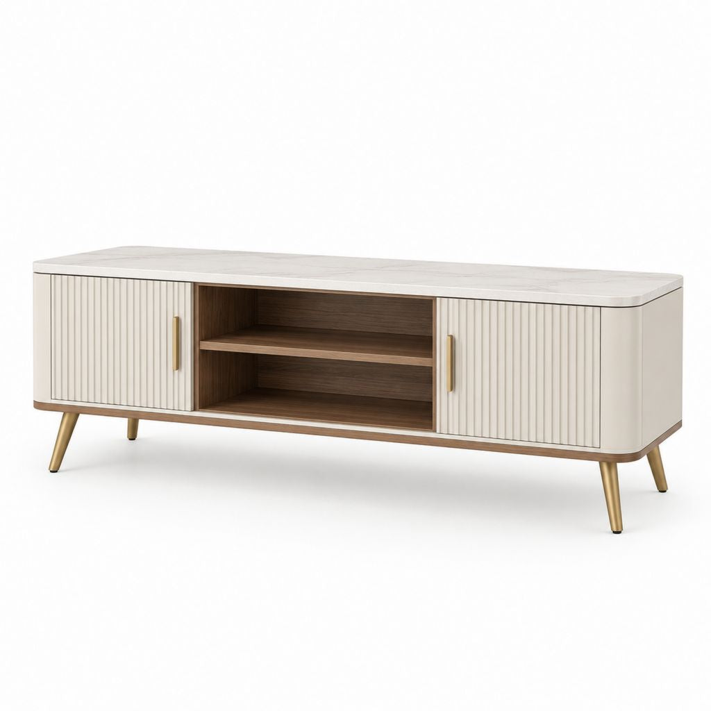 Mobile TV 180 cm bianco e noce in MDF con ante scanalate e ripiani
