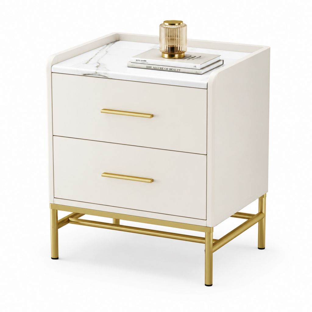 Comodino 2 cassetti bianco in MDF con piano effetto marmo 50 x 40 x 60 cm