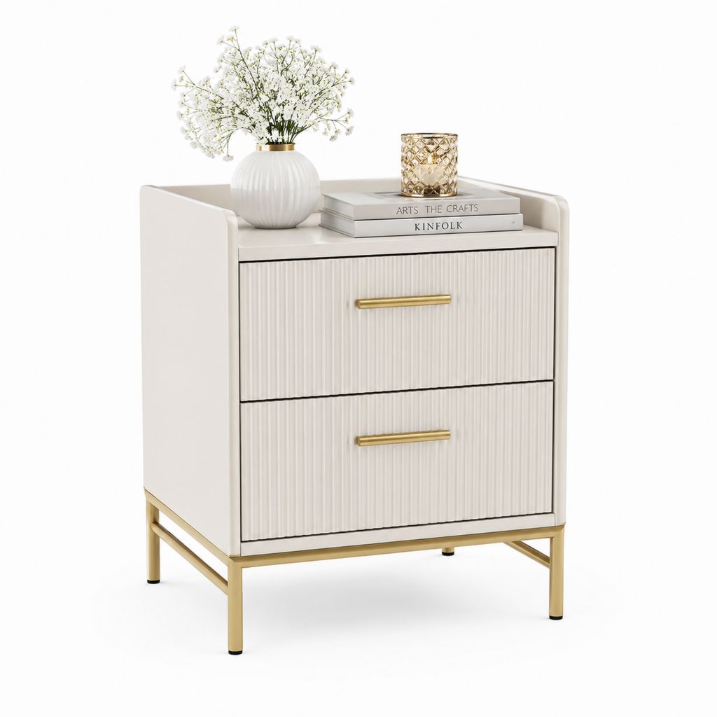Comodino con 2 cassetti bianco avorio in MDF e acciaio dorato rettangolare 50 x 40 x 60 cm