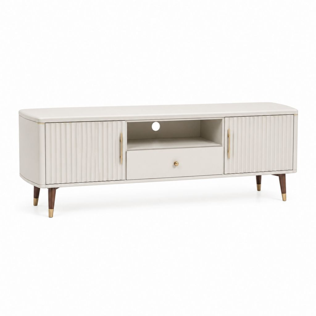 Mobile TV bianco in MDF rettangolare con ante scanalate e cassetto 160 x 40 x 60 cm