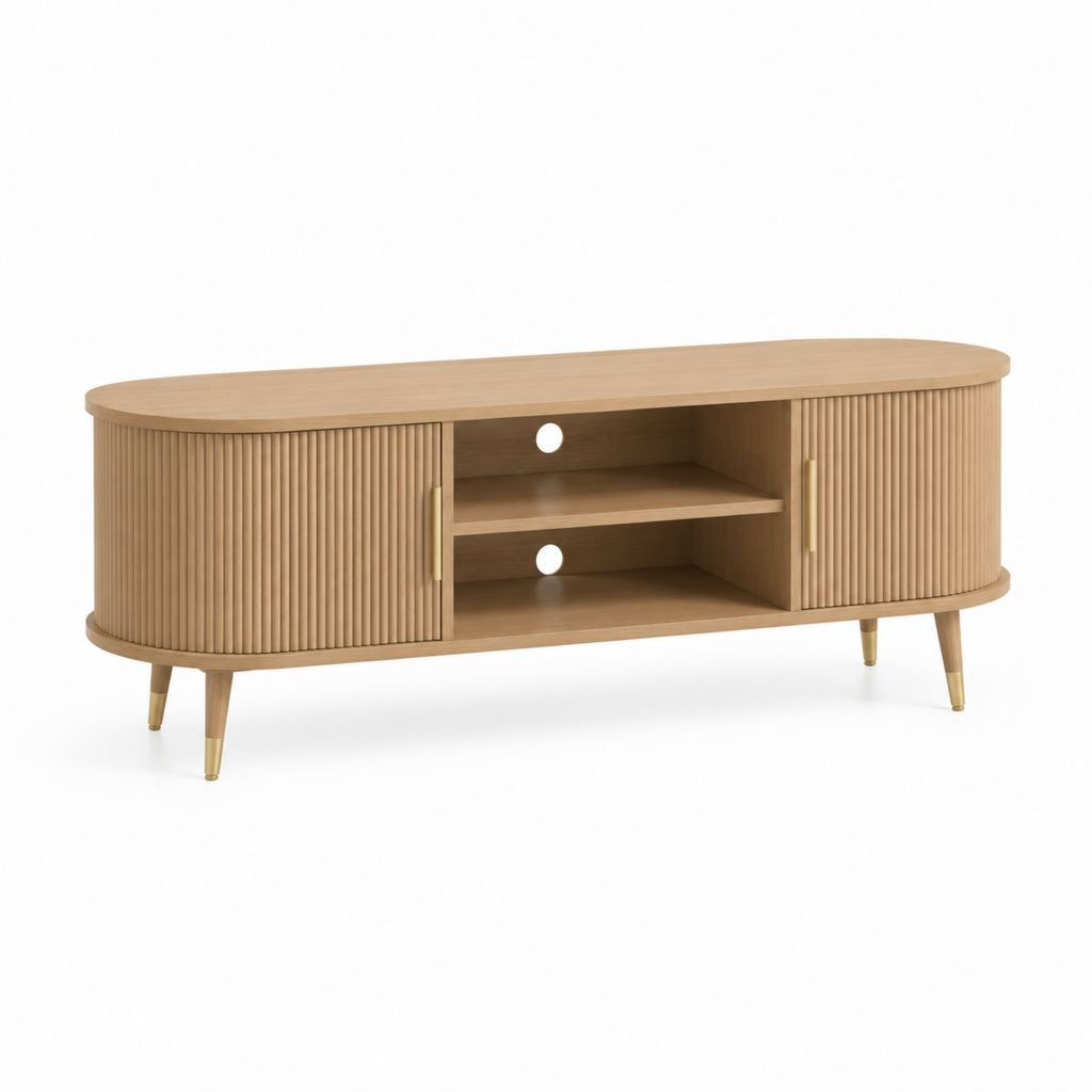 Mobile TV ovale rovere naturale in MDF 140 x 40 x 55 cm con ante scorrevoli e ripiani