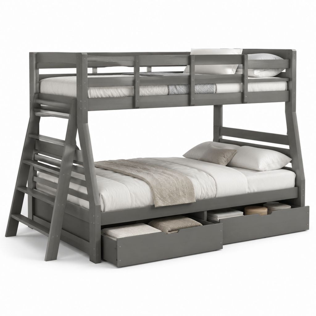 Letto a castello con cassetti grigio in legno massello di pino 200 x 140 cm e 200 x 90 cm
