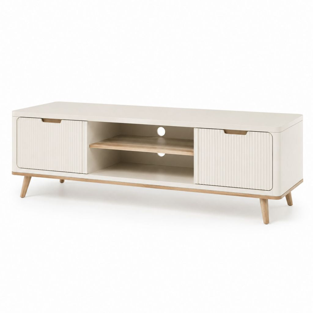 Mobile TV basso bianco e rovere in MDF con 2 ante e vano aperto 140 x 40 x 55 cm