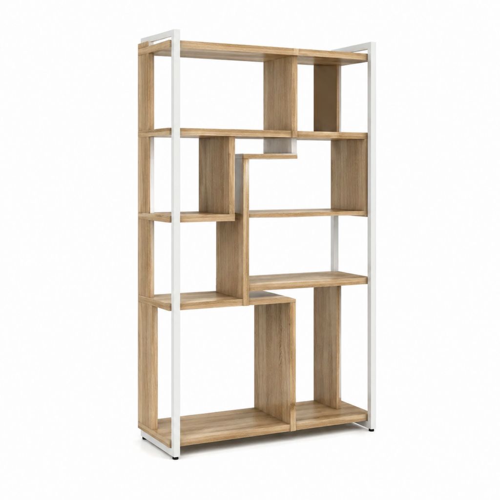 Libreria a giorno 8 vani rovere e bianco in truciolare e acciaio rettangolare 80 x 30 x 180 cm