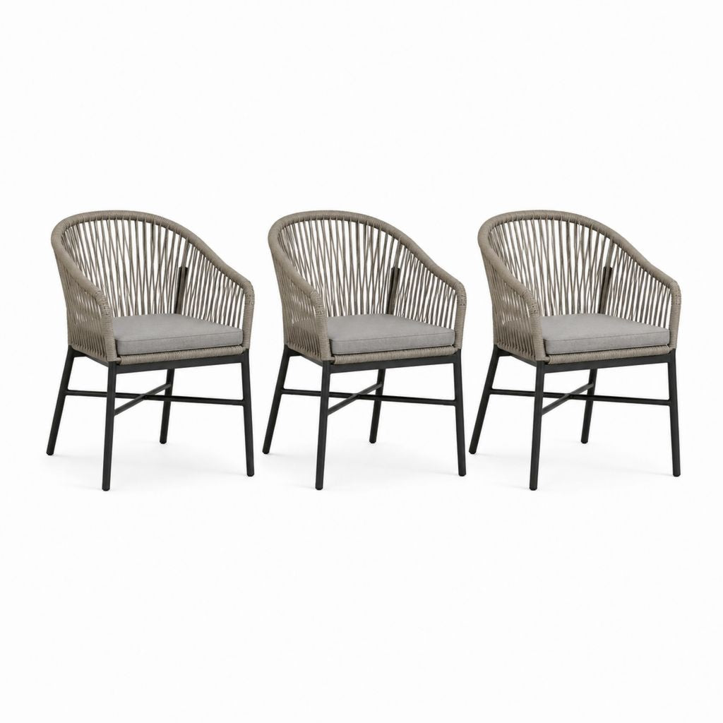 Set 3 poltrone da giardino beige in corda PE con struttura in acciaio 58 x 60 x 82 cm