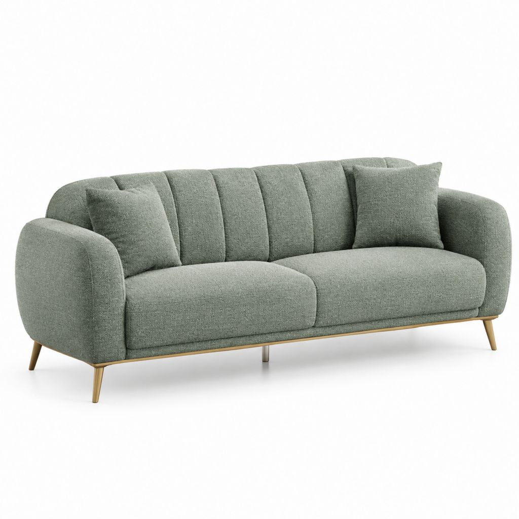 Divano 3 posti verde salvia in poliestere bouclé con gambe in legno massello di gomma 210 x 90 x 85 cm