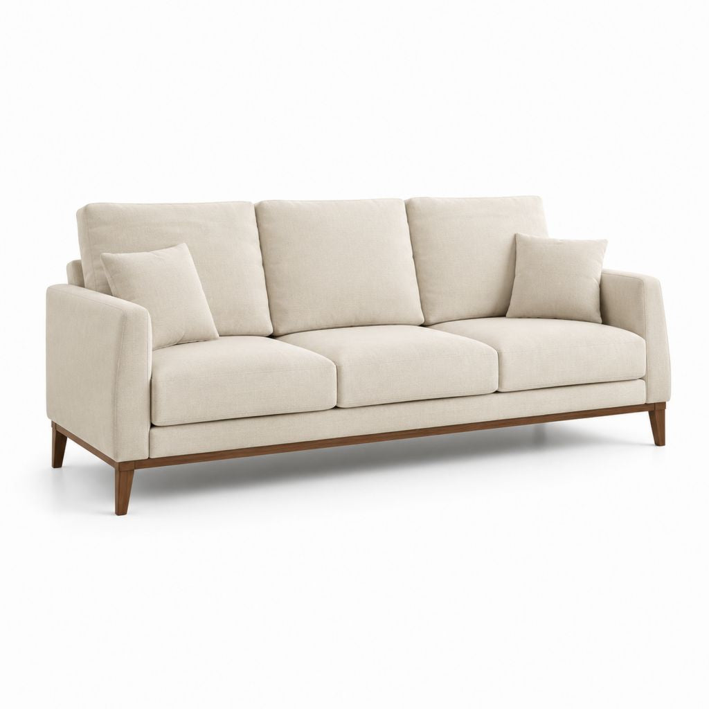 Divano 3 posti beige in poliestere con base in legno massello rettangolare 220 x 90 x 85 cm